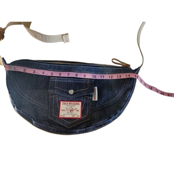 True Religion Semi-Circle Denim Crossbody Hobo Bag Purse Dark Wash NWOT - Picture 2 of 9